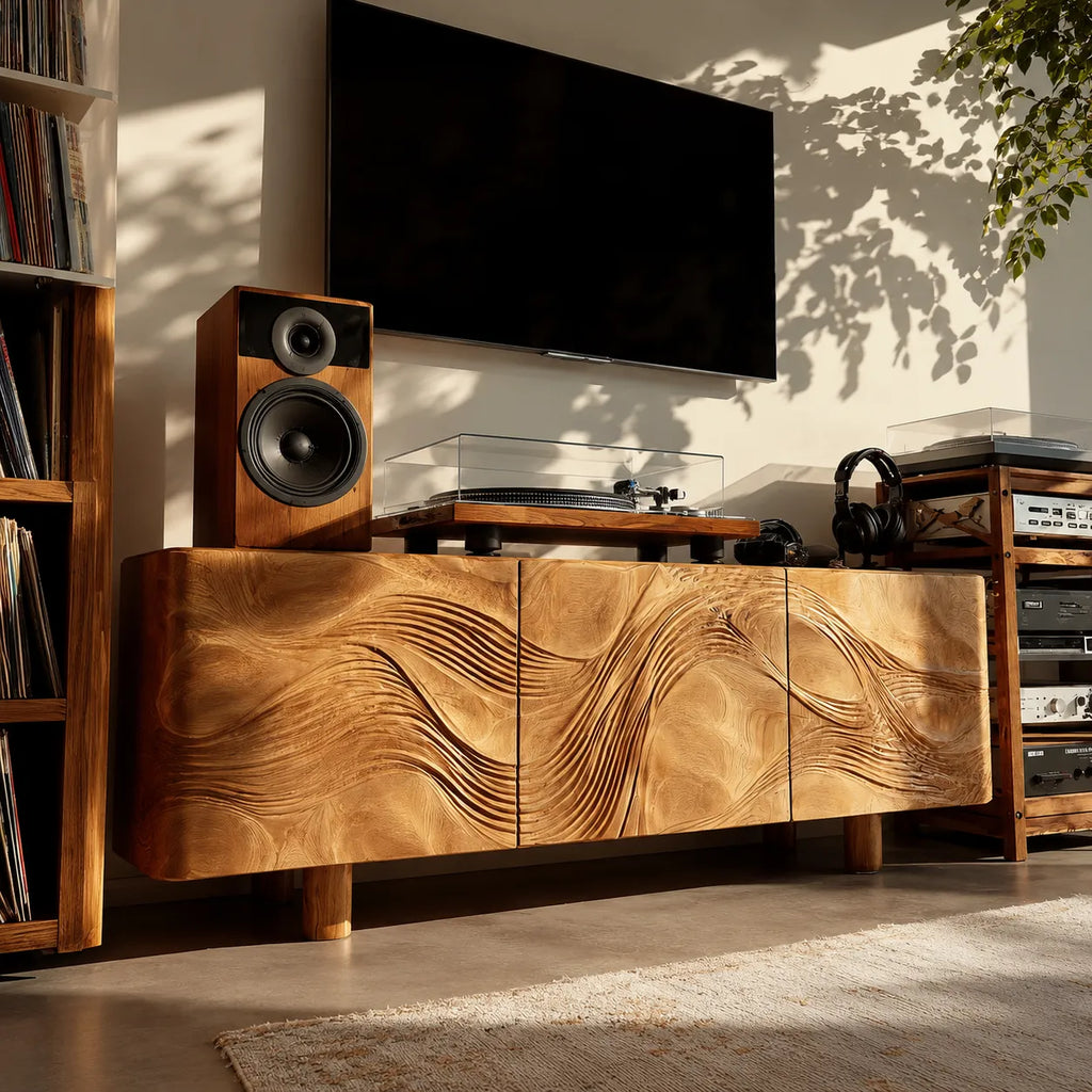 Wave Carved Natural Solid Wood TV Stand with Concealed Storage Doors