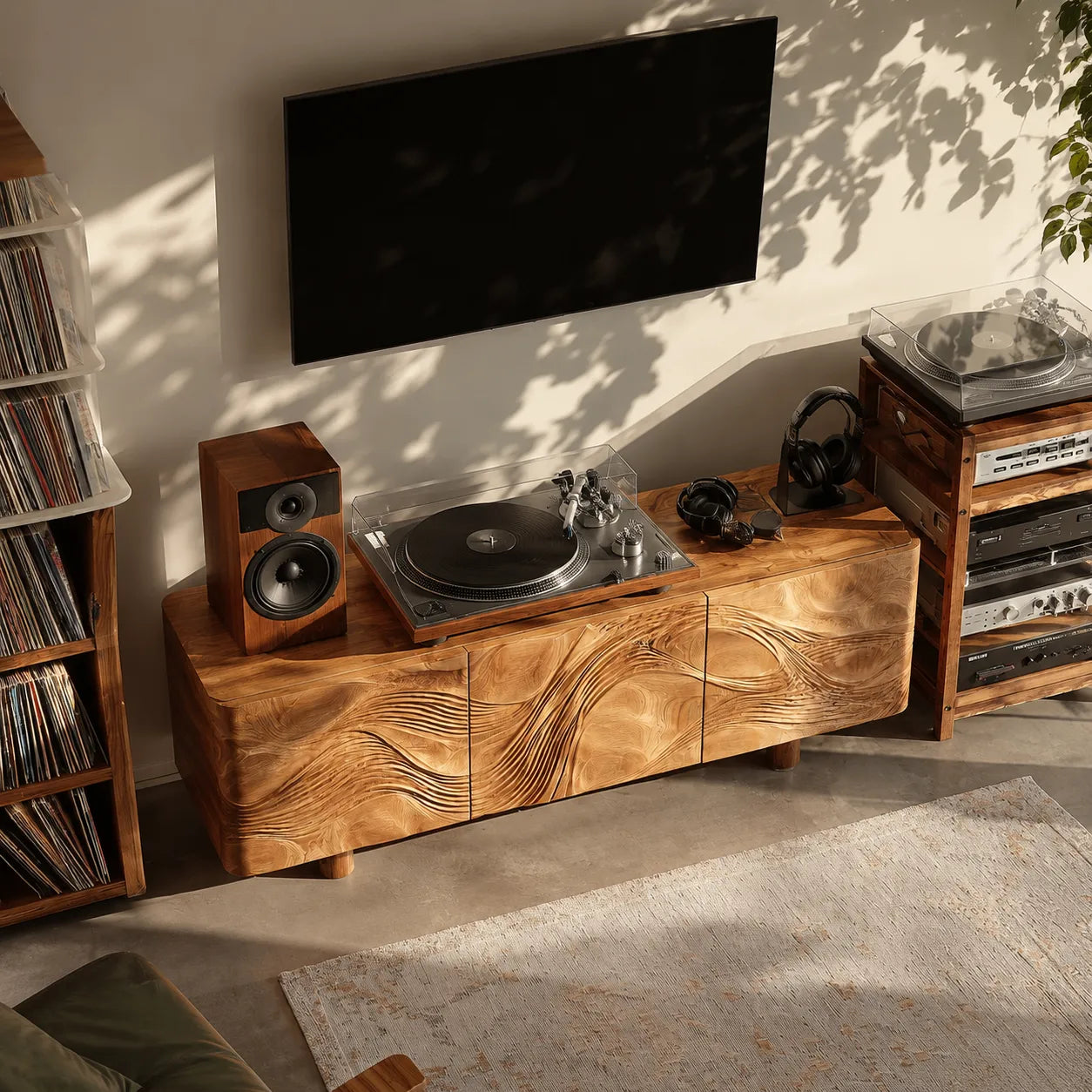 Wave Carved Natural Solid Wood TV Stand with Concealed Storage Doors