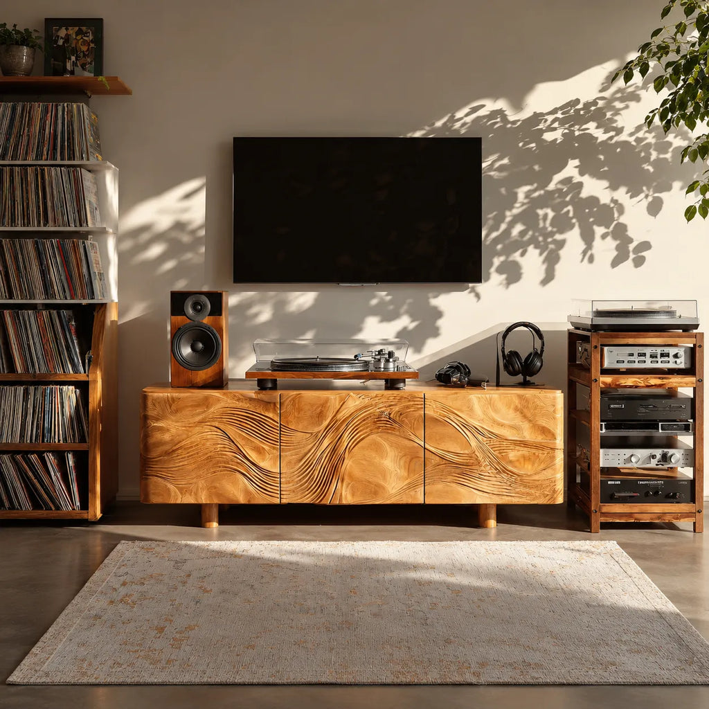 Wave Carved Natural Solid Wood TV Stand with Concealed Storage Doors