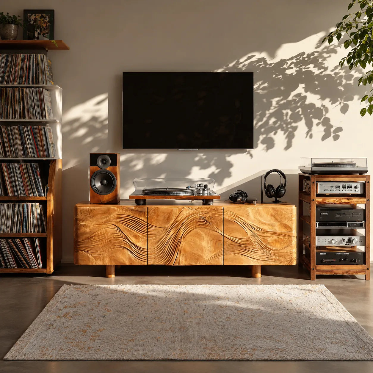 Wave Carved Natural Solid Wood TV Stand with Concealed Storage Doors