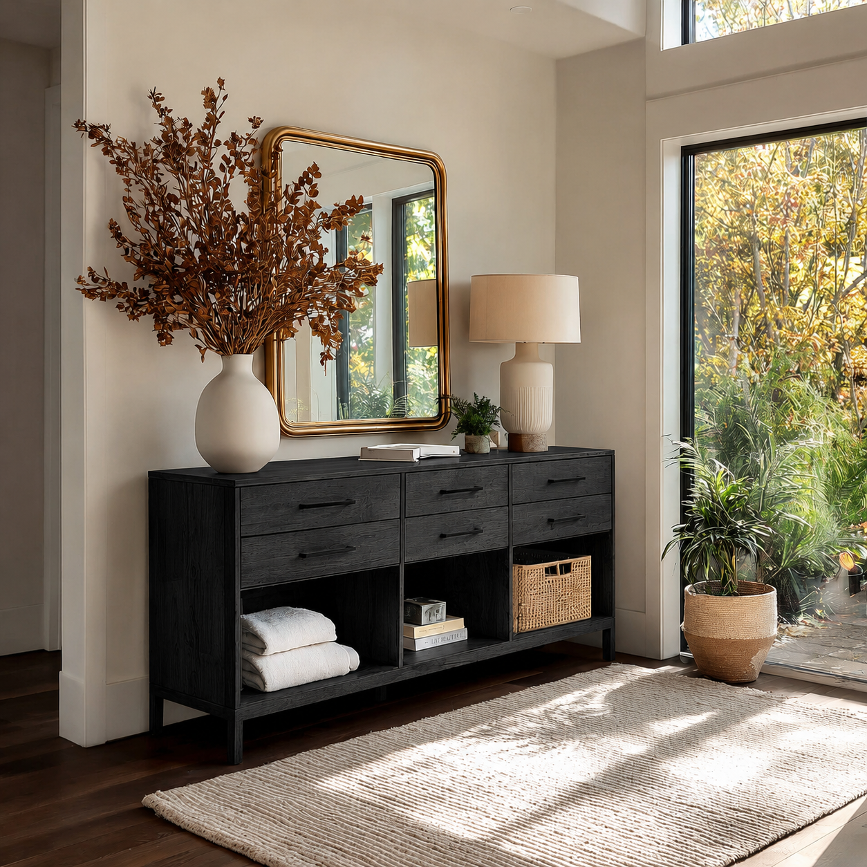 Natural Solid Wood Console Cabinet with Drawers and Open Storage Shelves