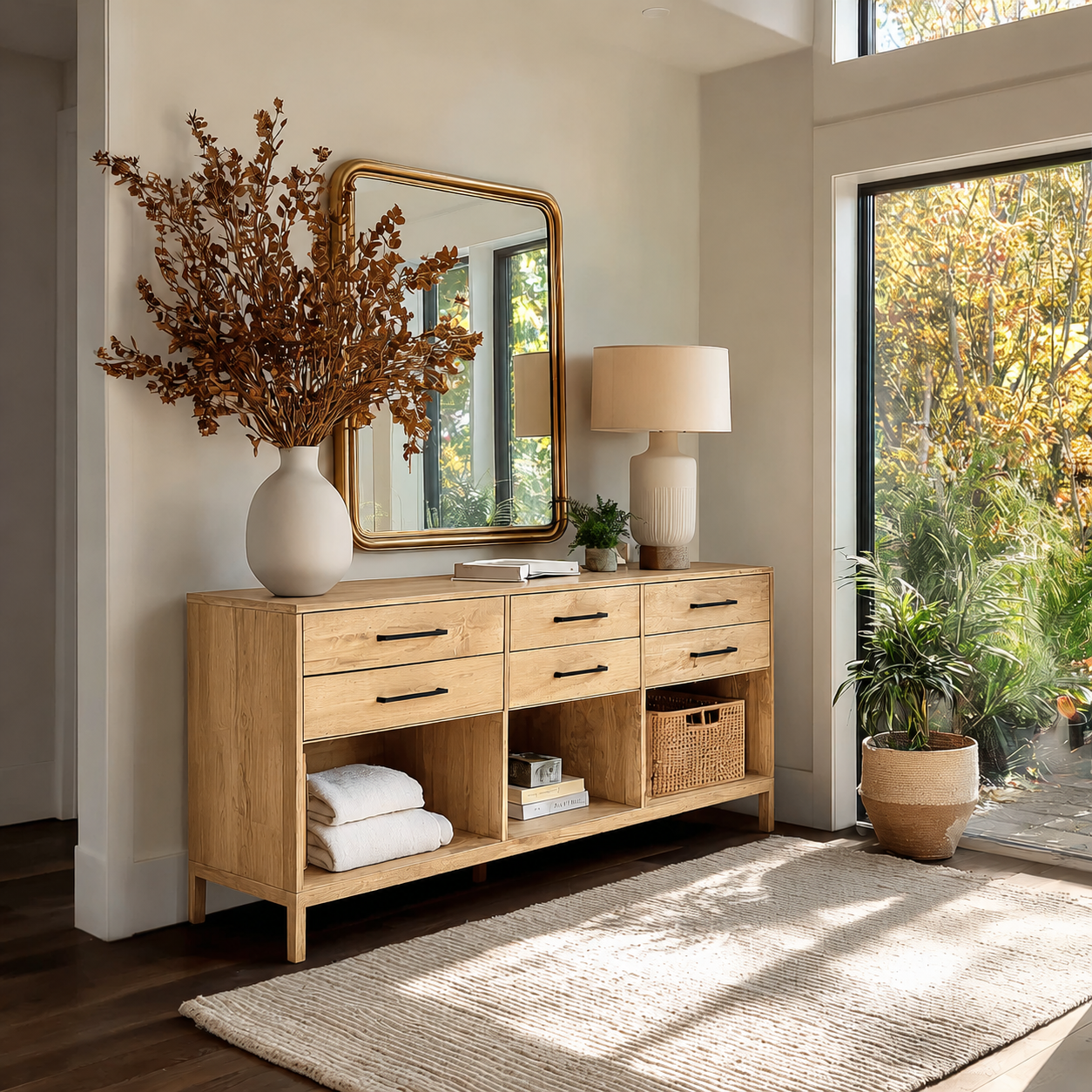 Natural Solid Wood Console Cabinet with Drawers and Open Storage Shelves