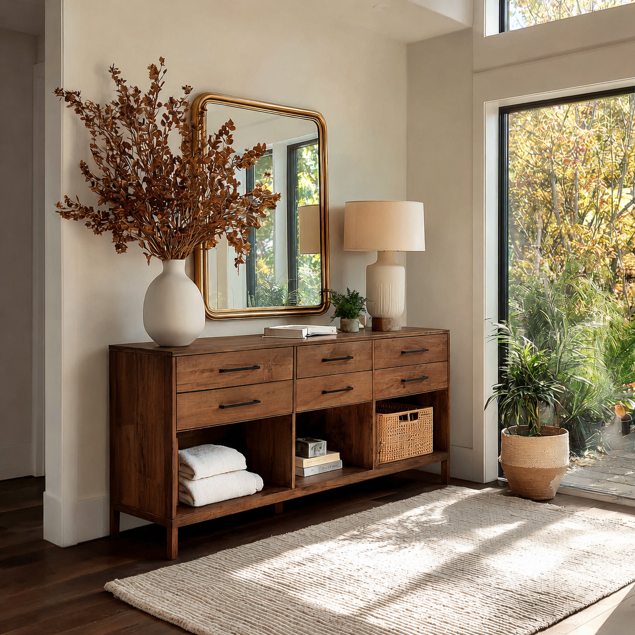 Natural Solid Wood Console Cabinet with Drawers and Open Storage Shelves