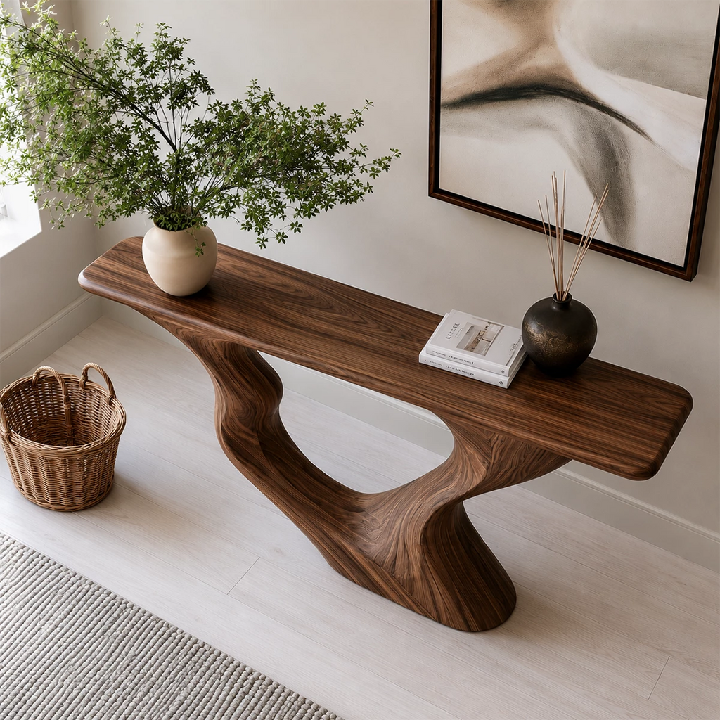 Natural Solid Wood Console Table Sculptural Loop Modern Style
