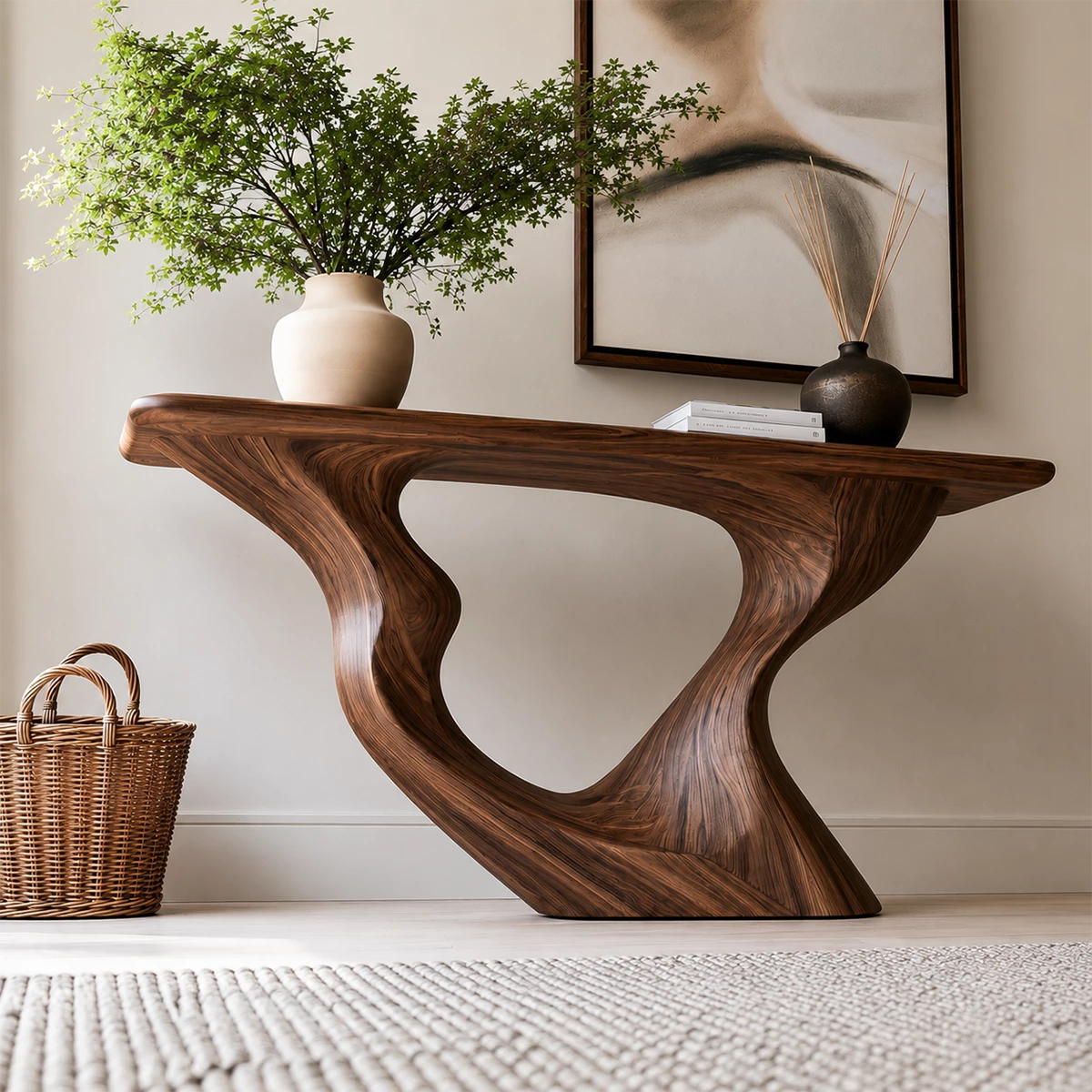 Natural Solid Wood Console Table Sculptural Loop Modern Style