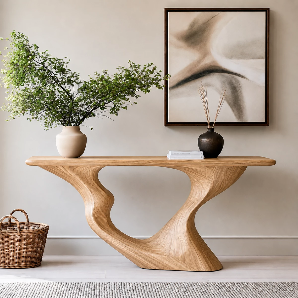 Natural Solid Wood Console Table Sculptural Loop Modern Style