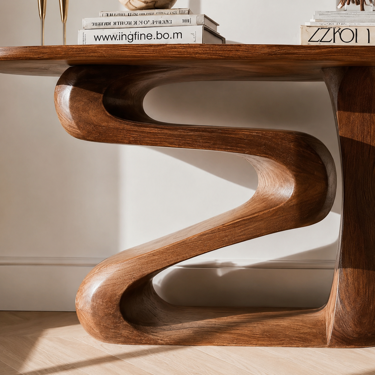 Sculptural Natural Solid Wood Console Table with Flowing Z Shape Base