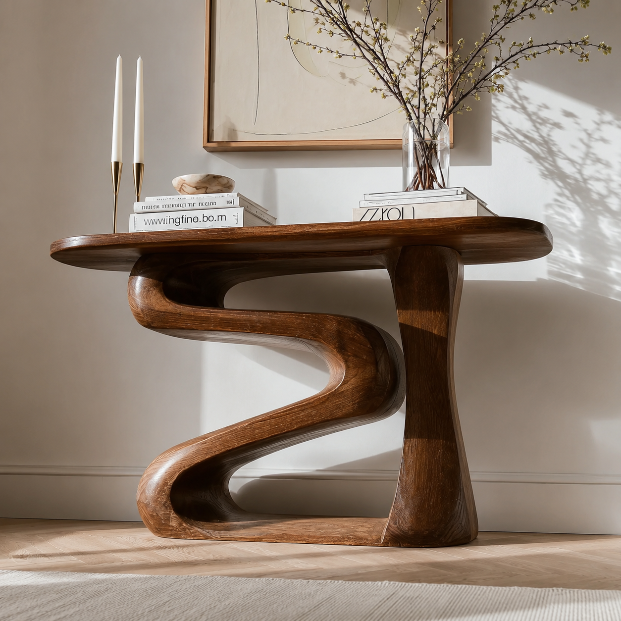 Sculptural Natural Solid Wood Console Table with Flowing Z Shape Base