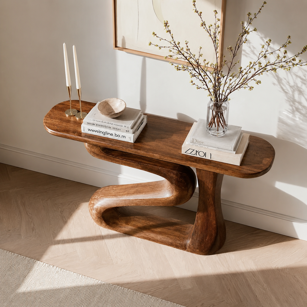 Sculptural Natural Solid Wood Console Table with Flowing Z Shape Base