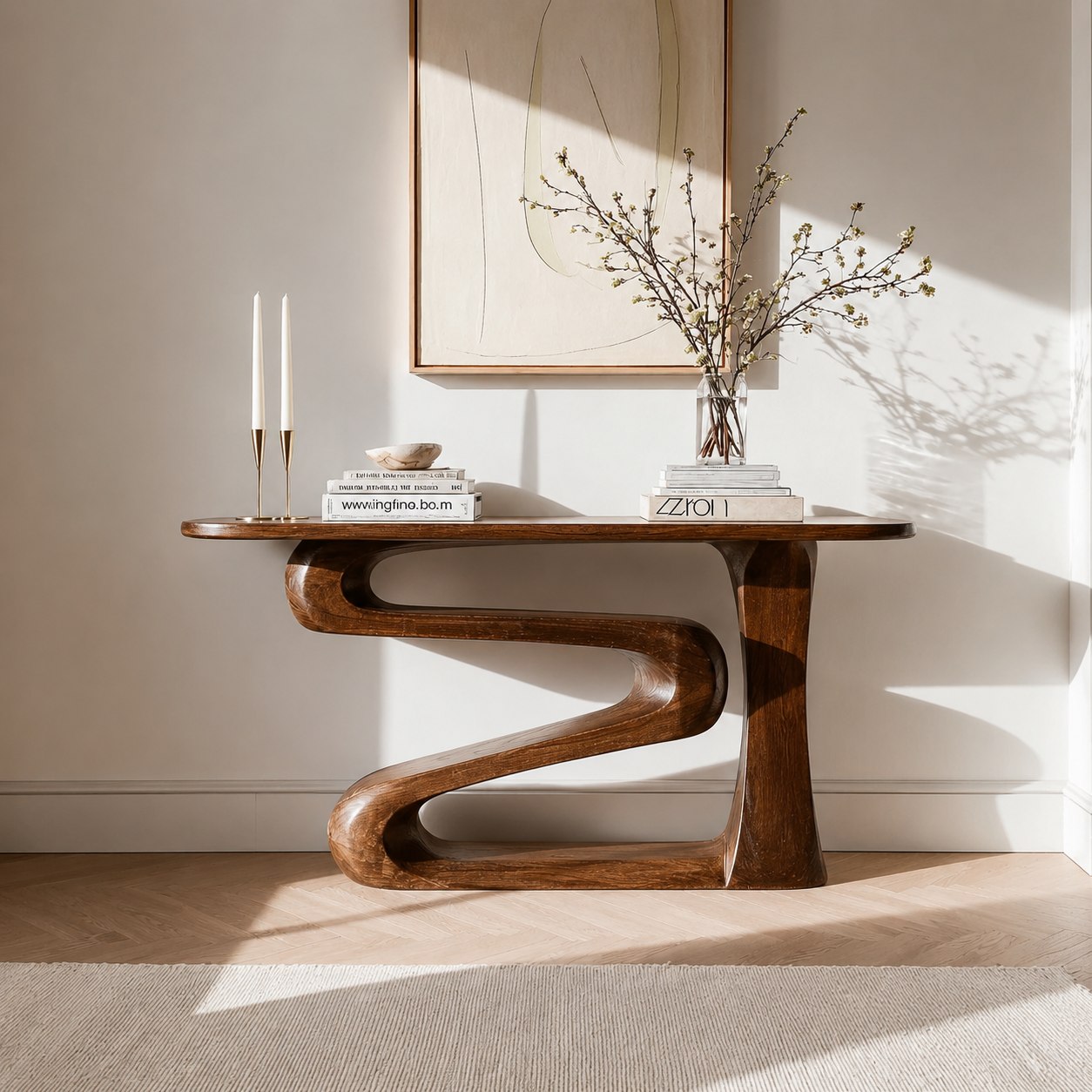 Sculptural Natural Solid Wood Console Table with Flowing Z Shape Base