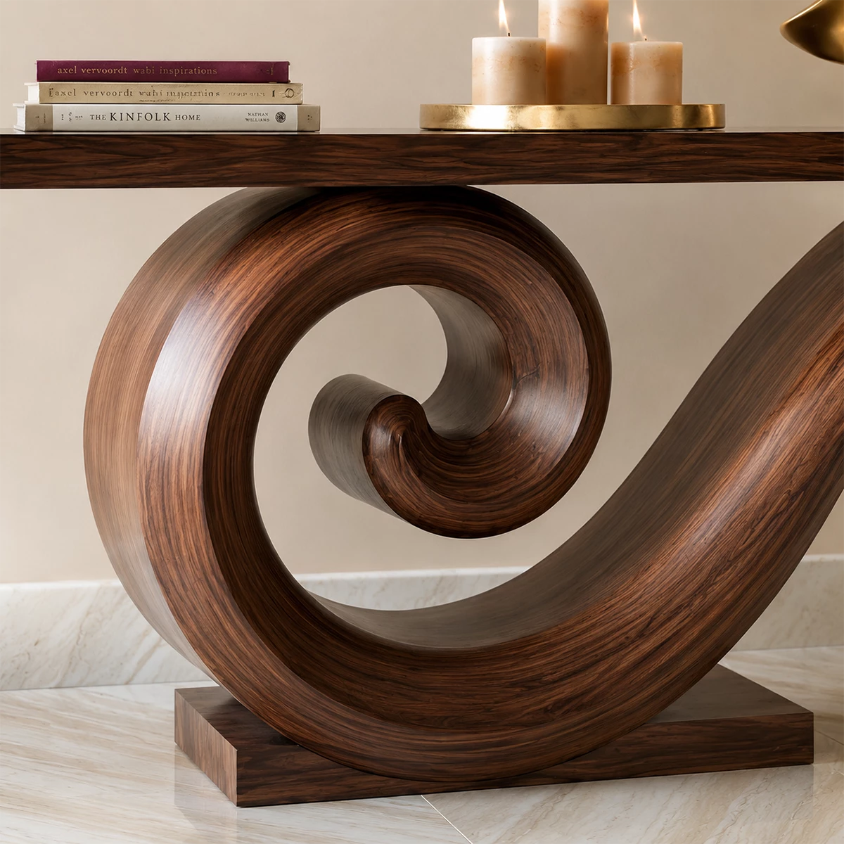 Natural Solid Wood Console Table Sculptural Spiral Modern Style