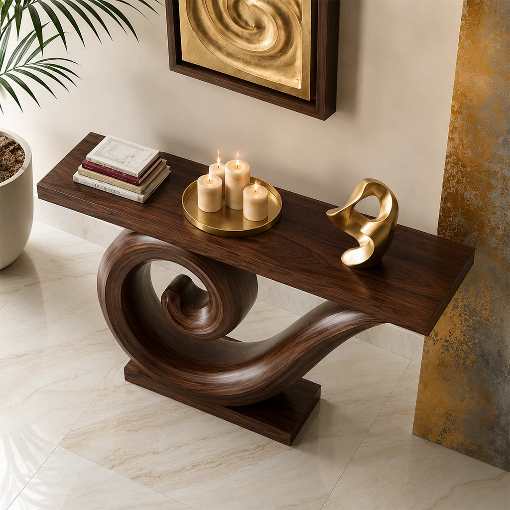 Natural Solid Wood Console Table Sculptural Spiral Modern Style
