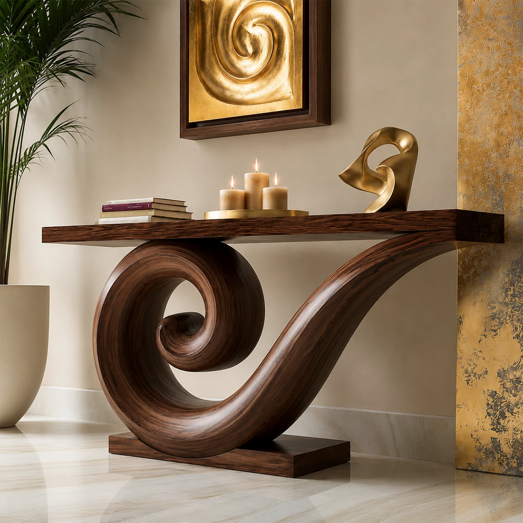 Natural Solid Wood Console Table Sculptural Spiral Modern Style