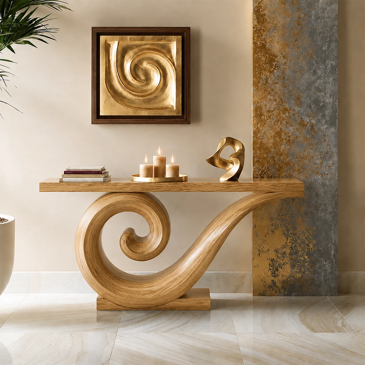 Natural Solid Wood Console Table Sculptural Spiral Modern Style
