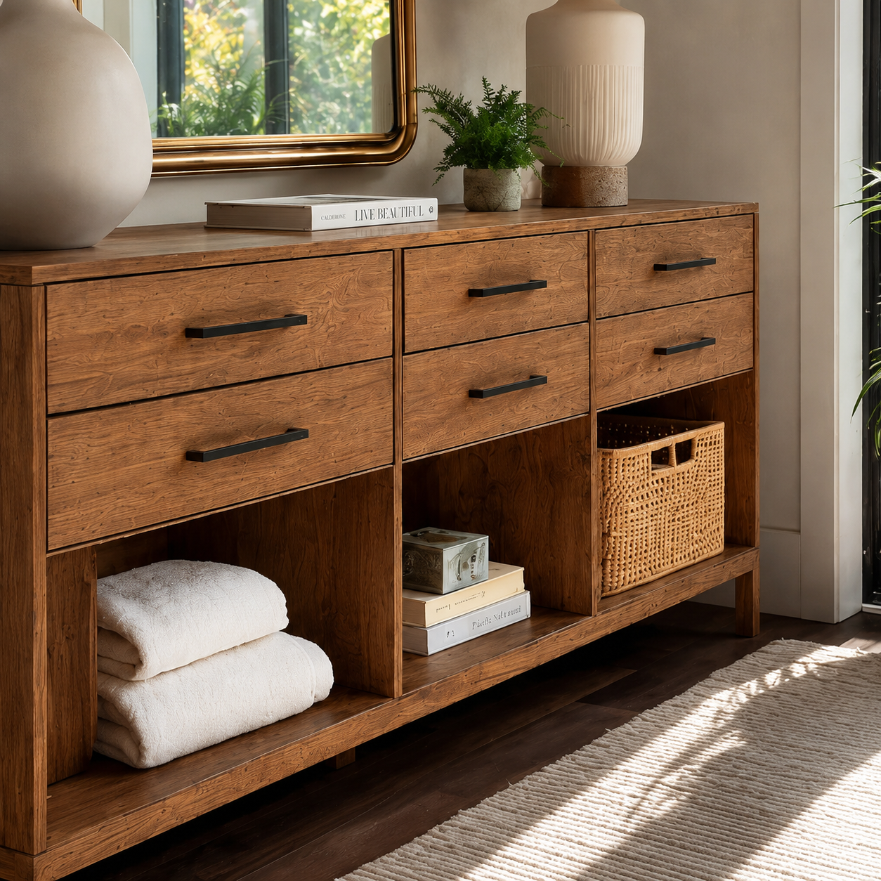 Natural Solid Wood Console Cabinet with Drawers and Open Storage Shelves