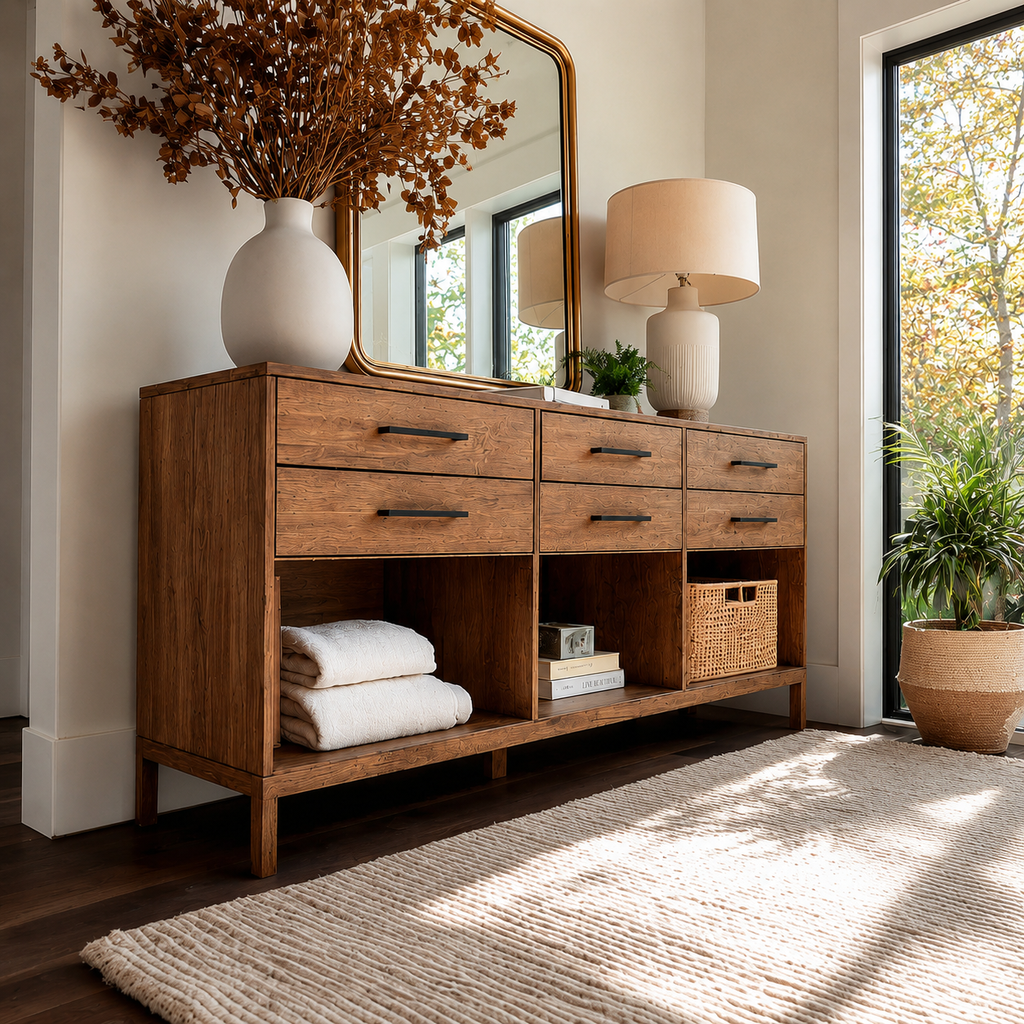 Natural Solid Wood Console Cabinet with Drawers and Open Storage Shelves