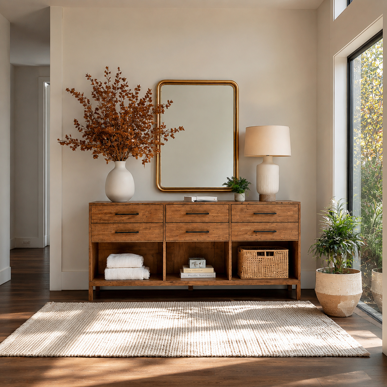 Natural Solid Wood Console Cabinet with Drawers and Open Storage Shelves
