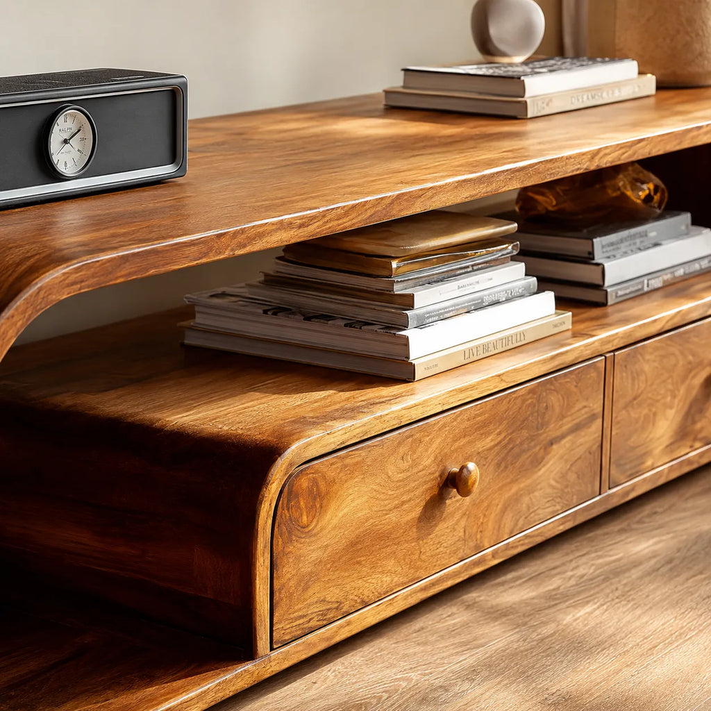 Rounded Natural Solid Wood TV Stand with Open Shelves and Drawers
