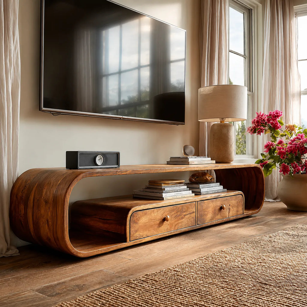Rounded Natural Solid Wood TV Stand with Open Shelves and Drawers