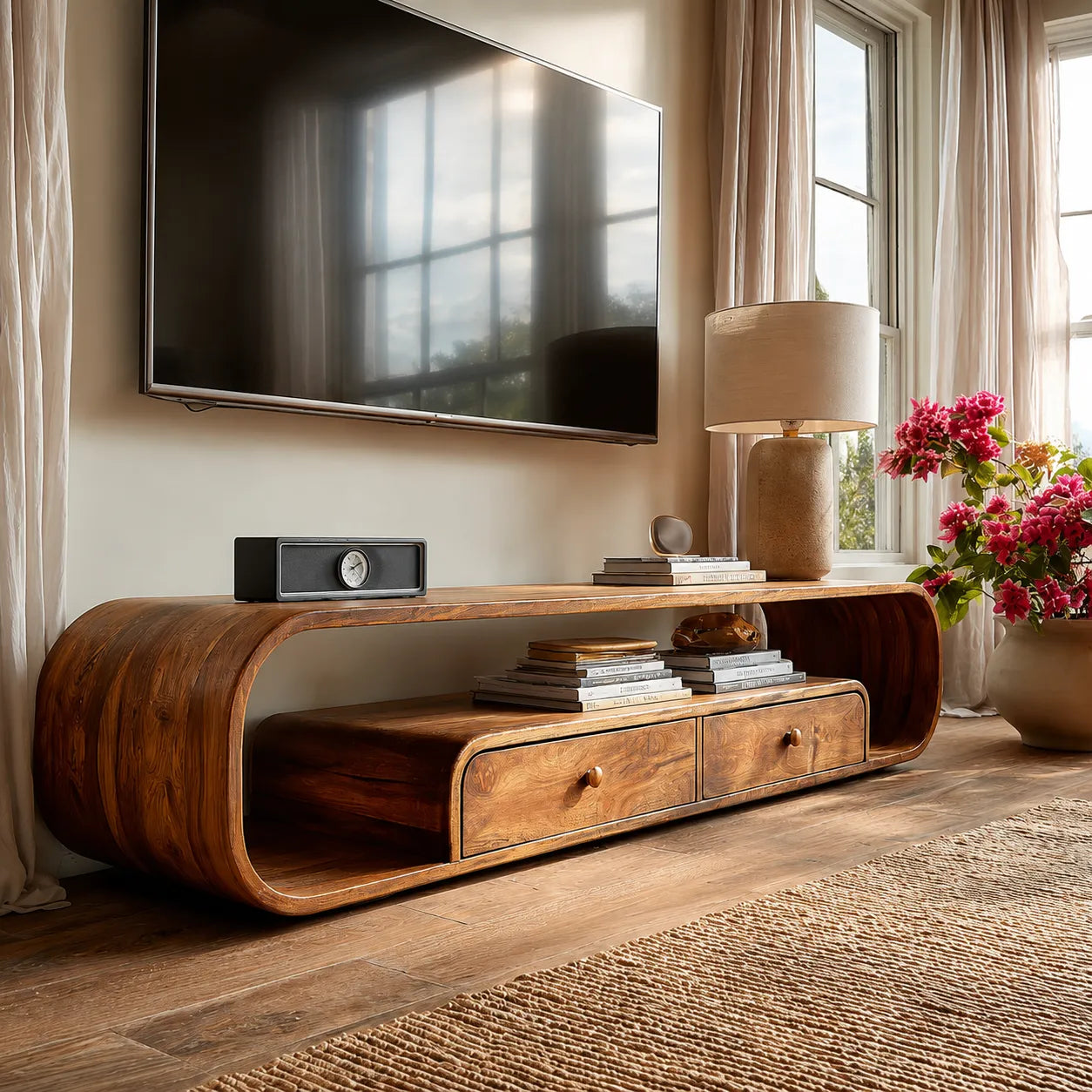 Rounded Natural Solid Wood TV Stand with Open Shelves and Drawers