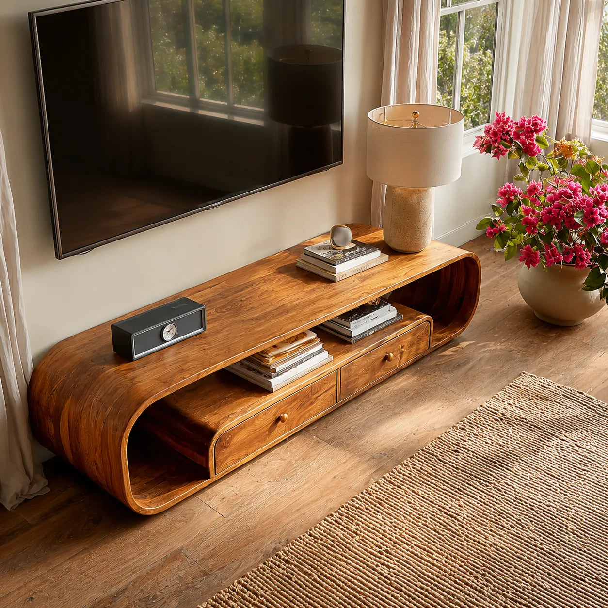 Rounded Natural Solid Wood TV Stand with Open Shelves and Drawers