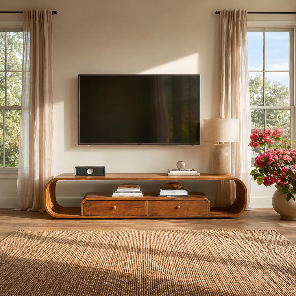 Rounded Natural Solid Wood TV Stand with Open Shelves and Drawers
