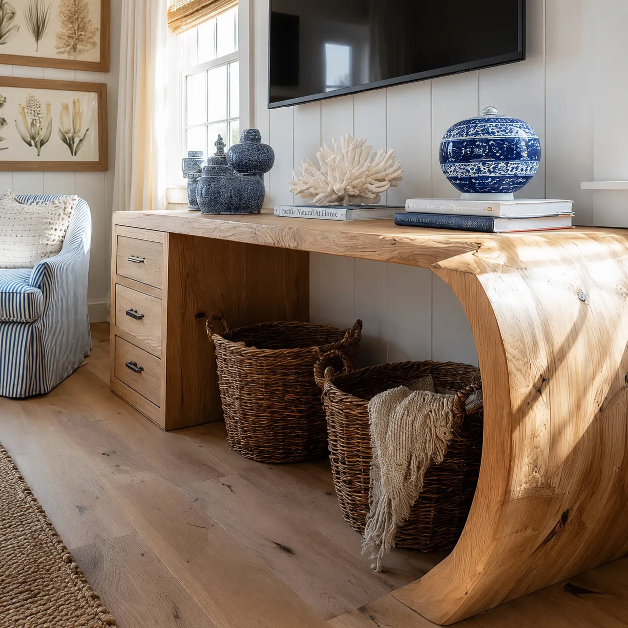 Waterfall Natural Solid Wood Media Console with Drawers and Open Storage