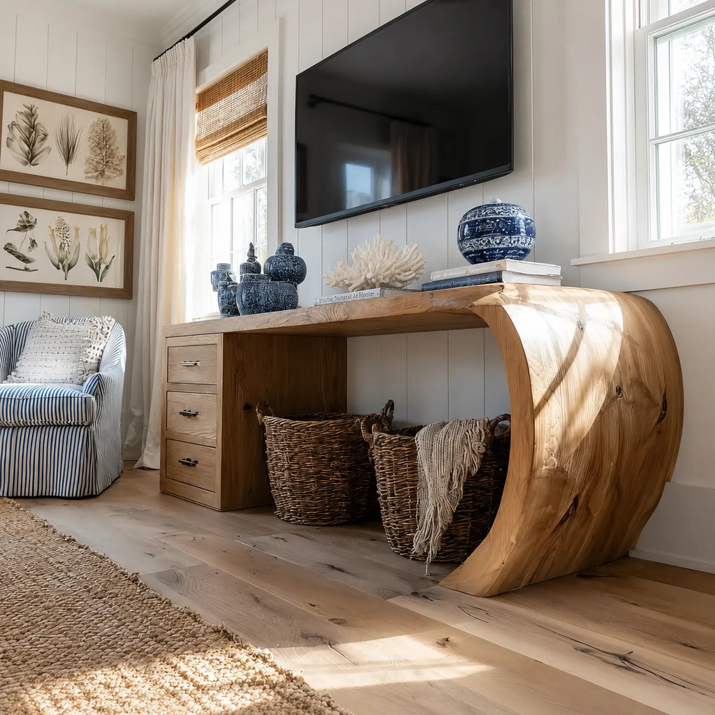 Waterfall Natural Solid Wood Media Console with Drawers and Open Storage