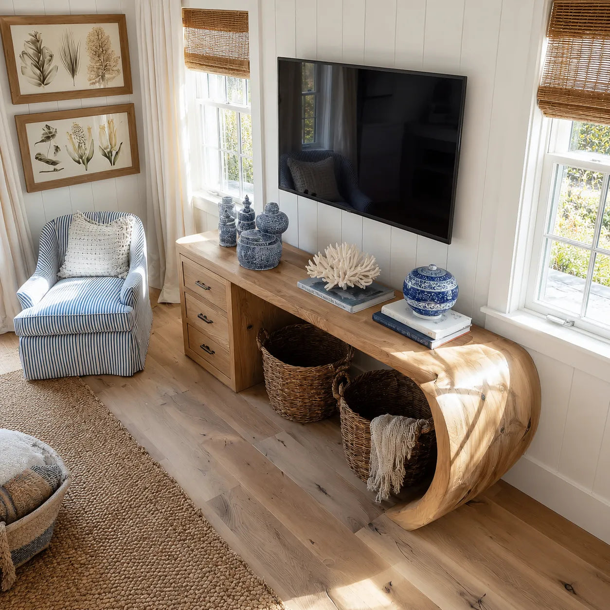 Waterfall Natural Solid Wood Media Console with Drawers and Open Storage