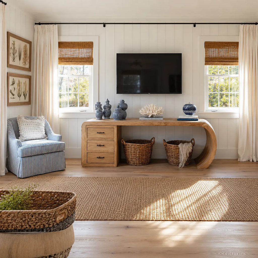 Waterfall Natural Solid Wood Media Console with Drawers and Open Storage