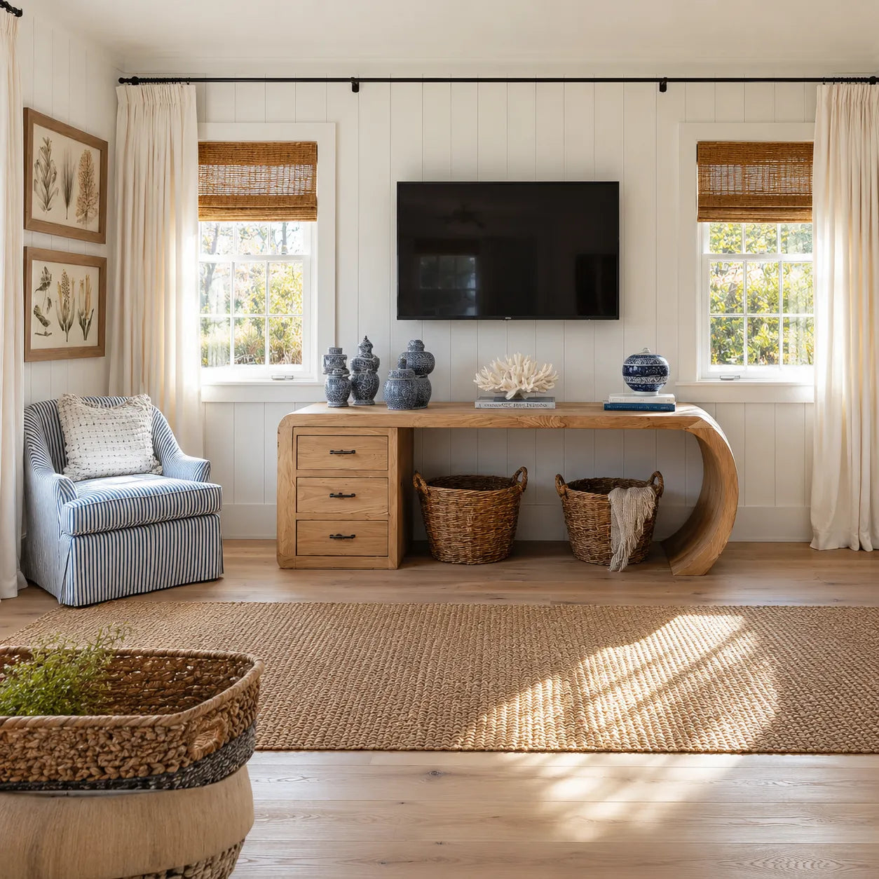 Waterfall Natural Solid Wood Media Console with Drawers and Open Storage
