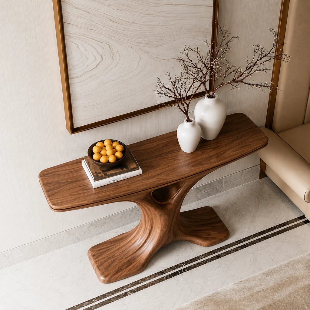 Natural Solid Wood Console Table Sculptural Twin Arch Modern Style