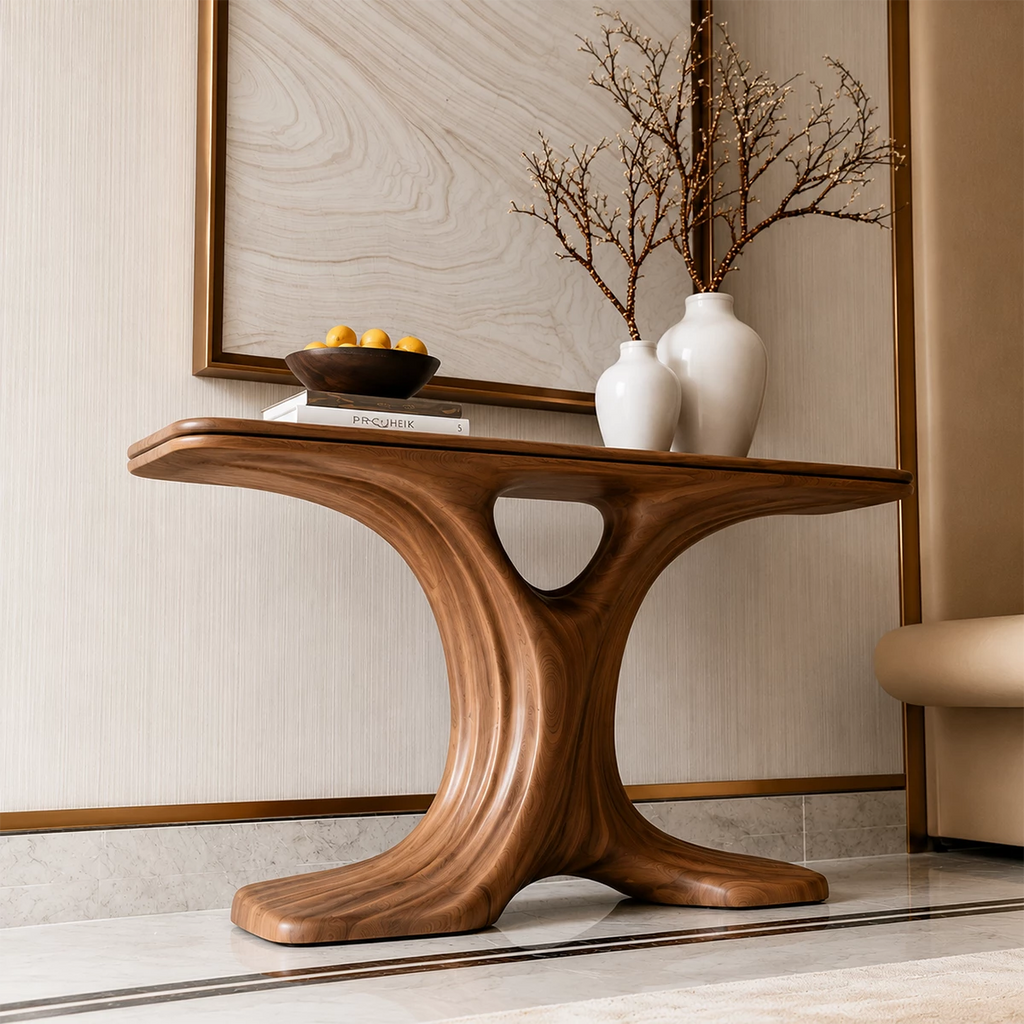 Natural Solid Wood Console Table Sculptural Twin Arch Modern Style
