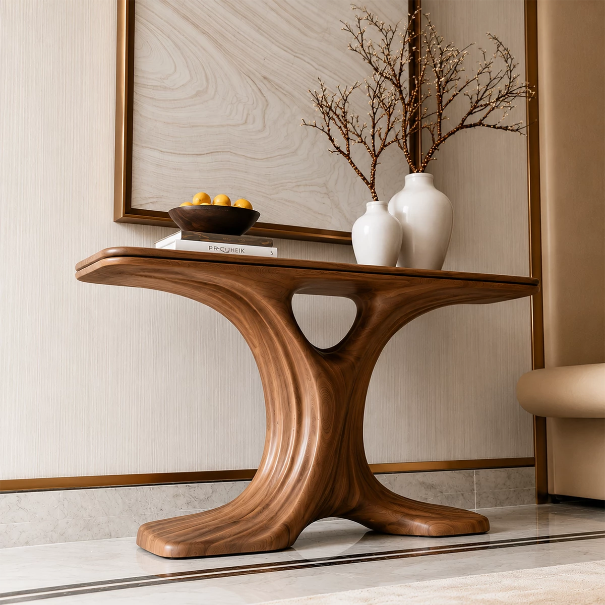 Natural Solid Wood Console Table Sculptural Twin Arch Modern Style
