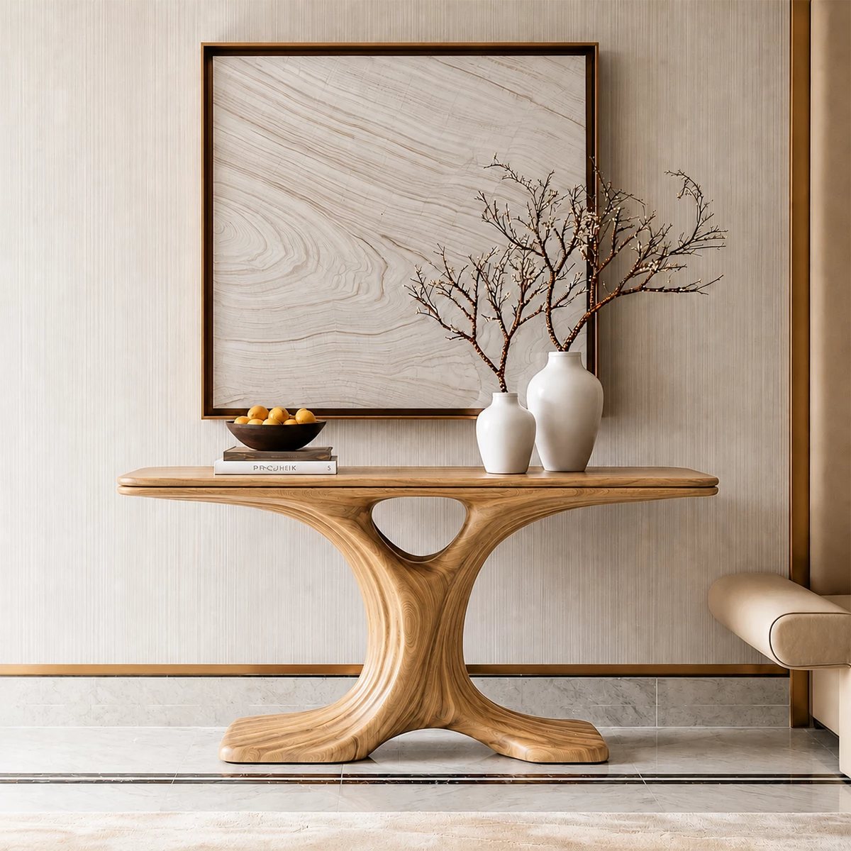 Natural Solid Wood Console Table Sculptural Twin Arch Modern Style