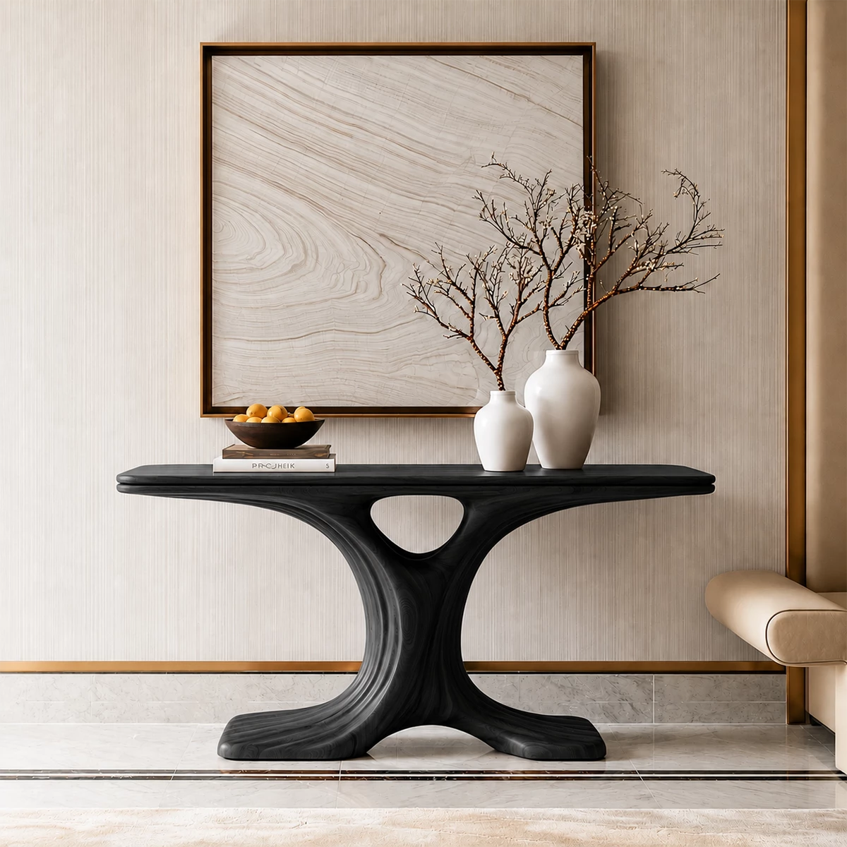 Natural Solid Wood Console Table Sculptural Twin Arch Modern Style