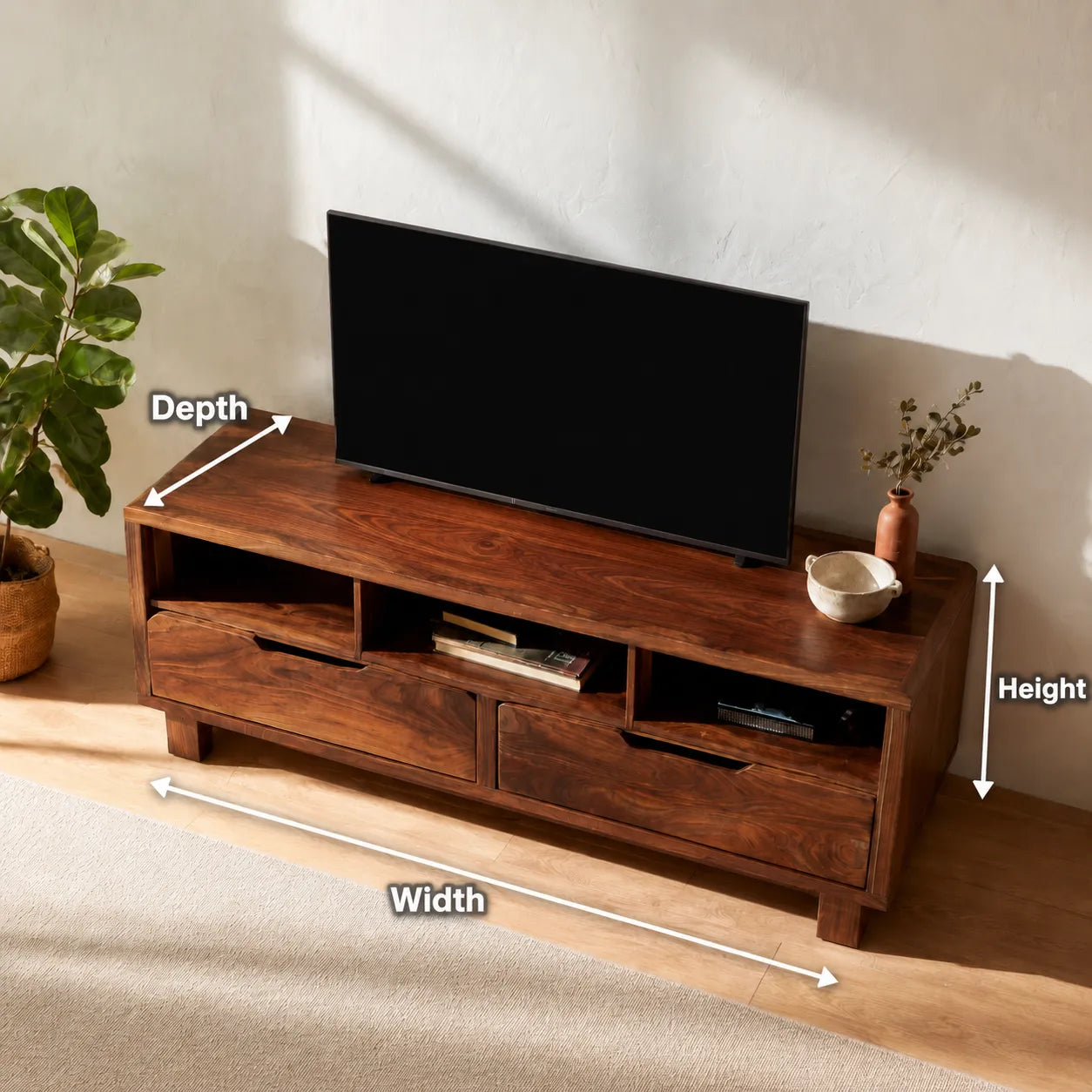 Natural Solid Wood TV Stand with Open Shelves and Dual Drawer Storage