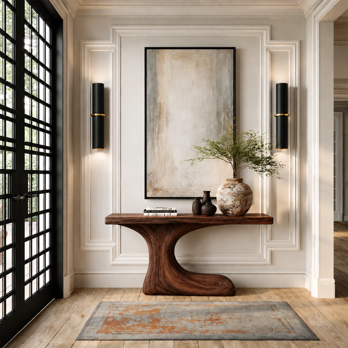 Natural Solid Wood Console Table Sculptural Crescent Modern Style