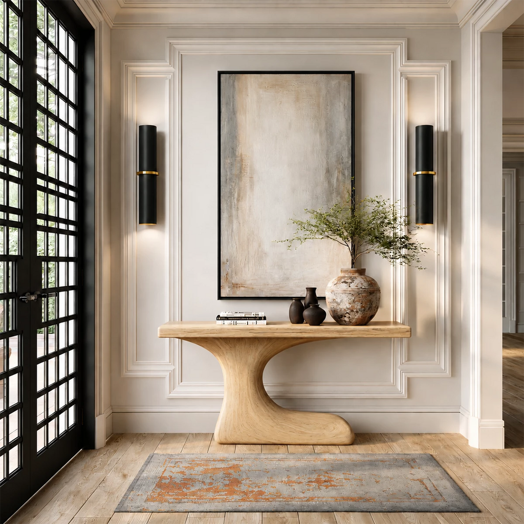 Natural Solid Wood Console Table Sculptural Crescent Modern Style