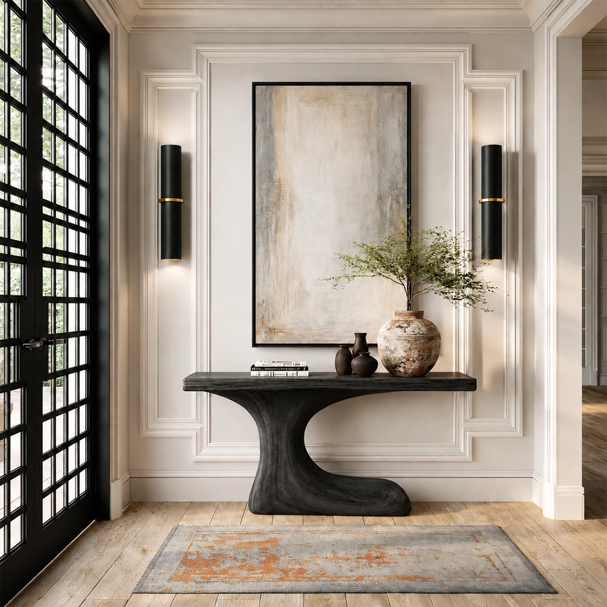 Natural Solid Wood Console Table Sculptural Crescent Modern Style