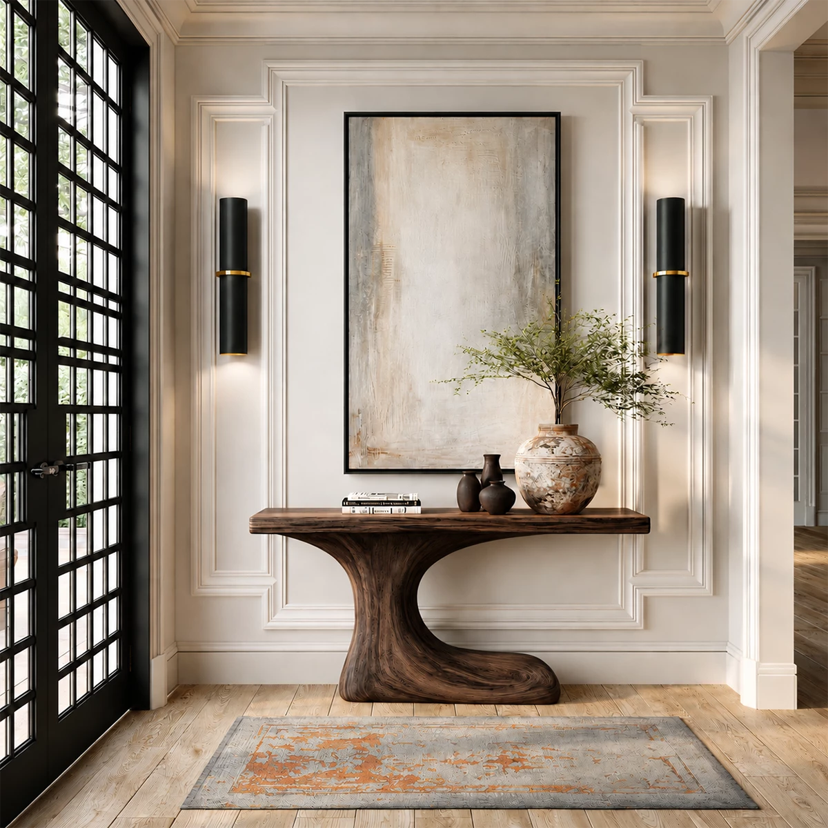 Natural Solid Wood Console Table Sculptural Crescent Modern Style