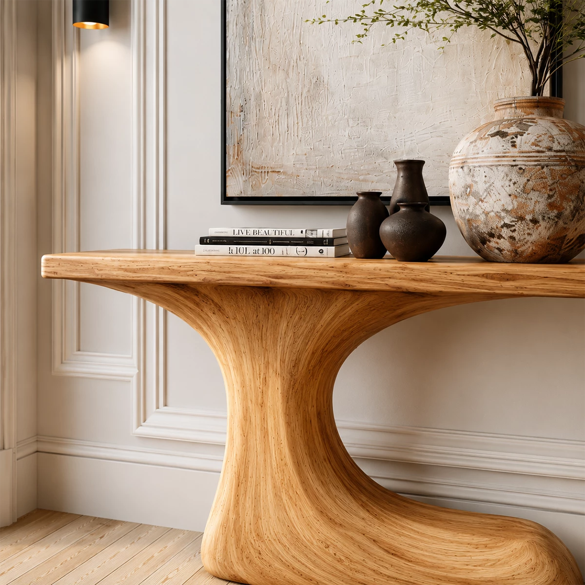 Natural Solid Wood Console Table Sculptural Crescent Modern Style