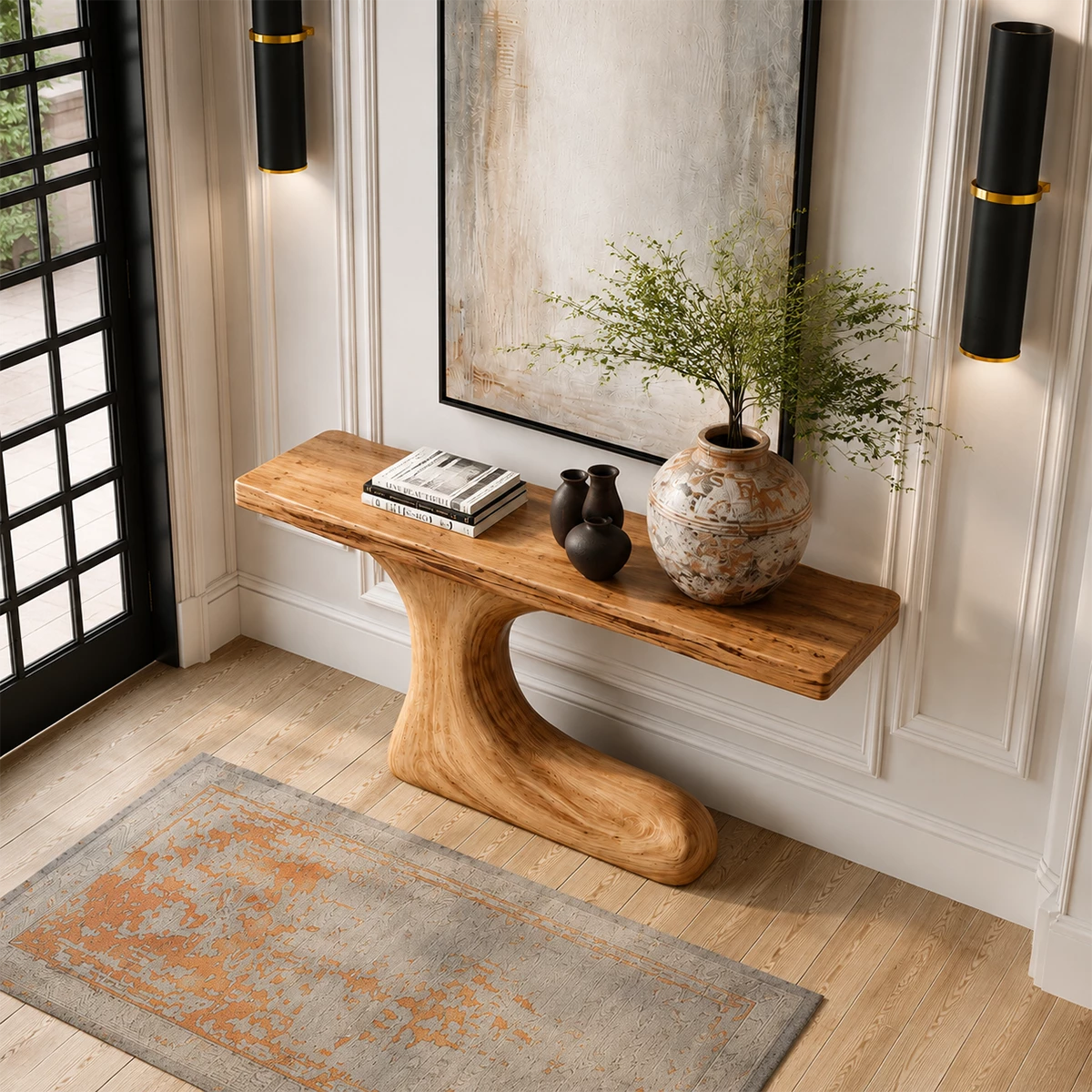 Natural Solid Wood Console Table Sculptural Crescent Modern Style