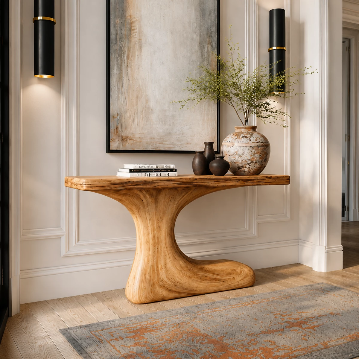 Natural Solid Wood Console Table Sculptural Crescent Modern Style