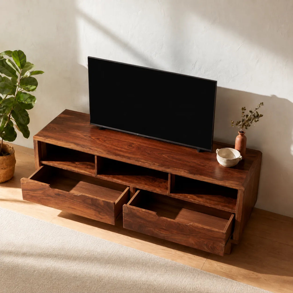 Natural Solid Wood TV Stand with Open Shelves and Dual Drawer Storage