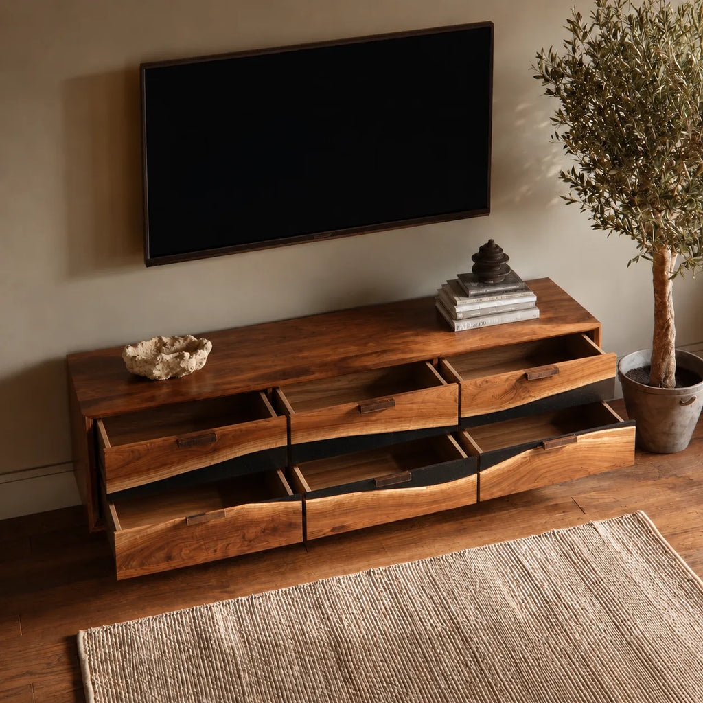 Wave Front Natural Solid Wood TV Stand with Six Drawer Storage