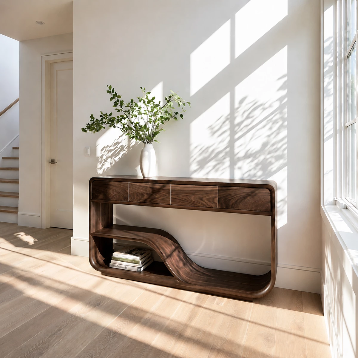 Natural Solid Wood Console Table with Four Drawers Modern Sculptural Style