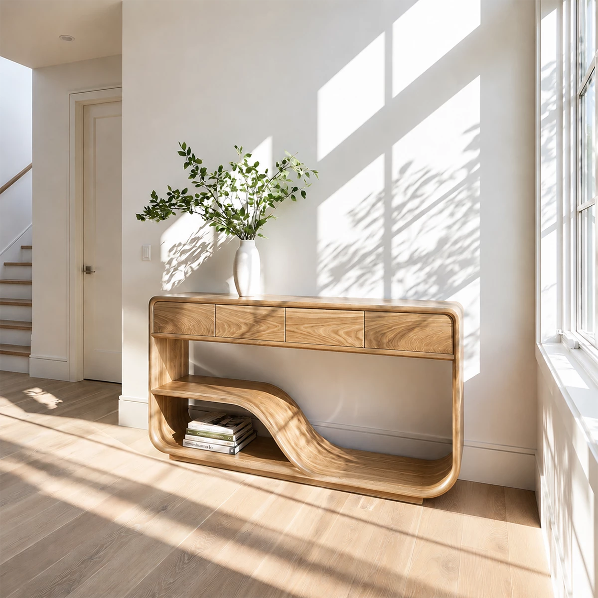 Natural Solid Wood Console Table with Four Drawers Modern Sculptural Style