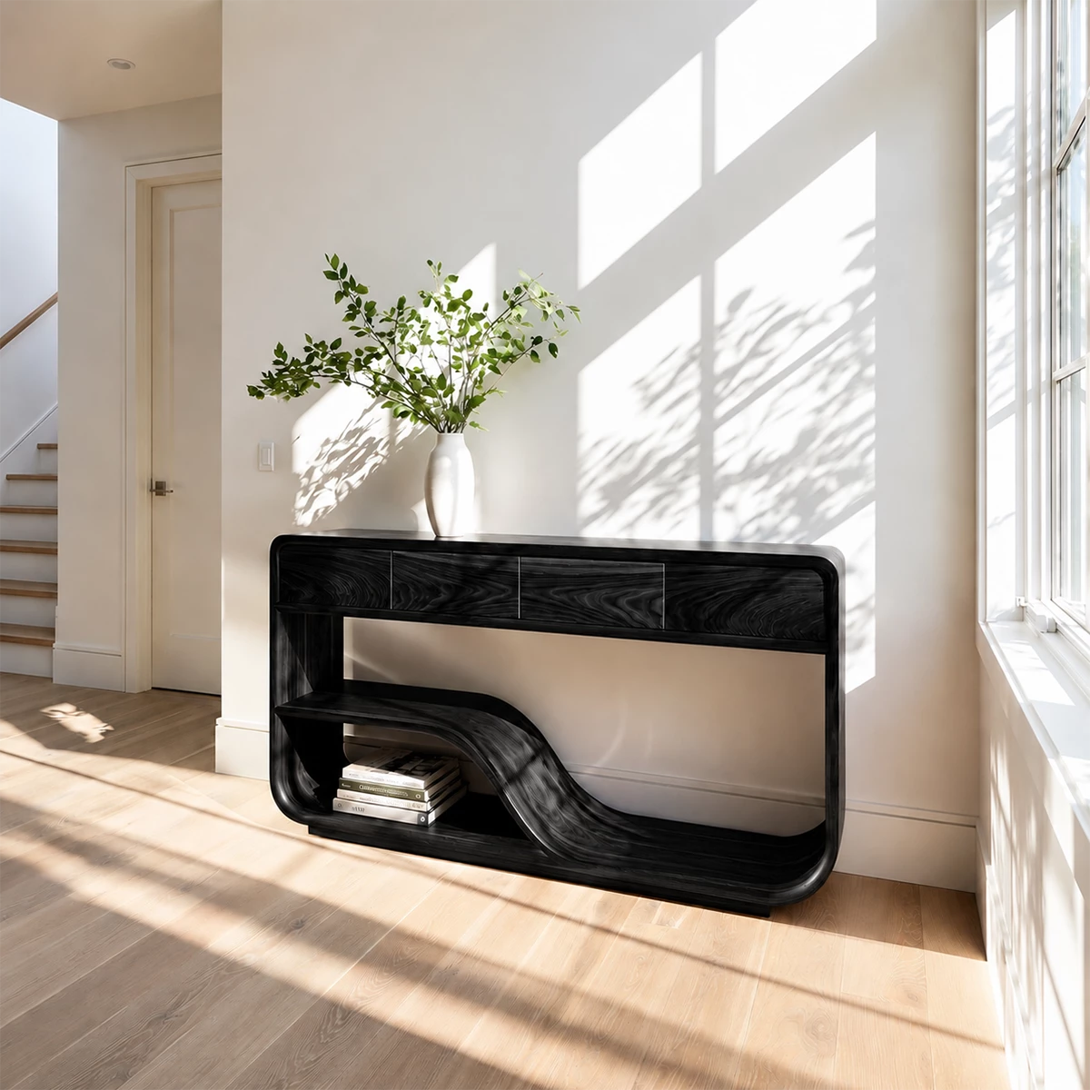 Natural Solid Wood Console Table with Four Drawers Modern Sculptural Style
