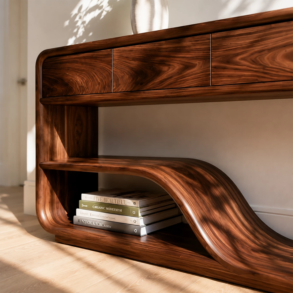 Natural Solid Wood Console Table with Four Drawers Modern Sculptural Style